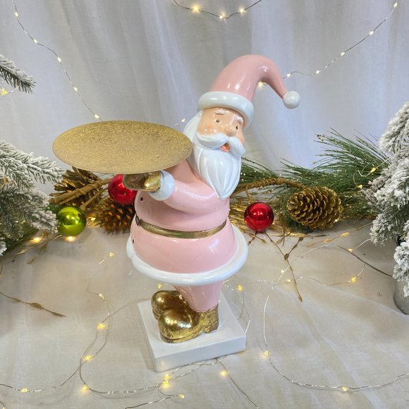 Christmas Holiday Pink Gold Santa Holding Serving Tray Display Stand NEW - Picture 3 of 16